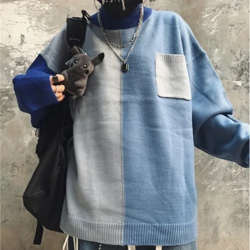 Winter Turtleneck Sweater Men's Warm Fashion Contrast Casual Knit Pullover Men Streetwear Hip Hop Knitting Sweaters Male Clothes - Цвет: peacockblue