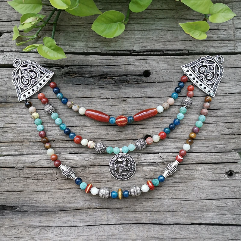 Этническое ожерелье каменные бусы тигровый глаз зеленый оникс кулон дракона