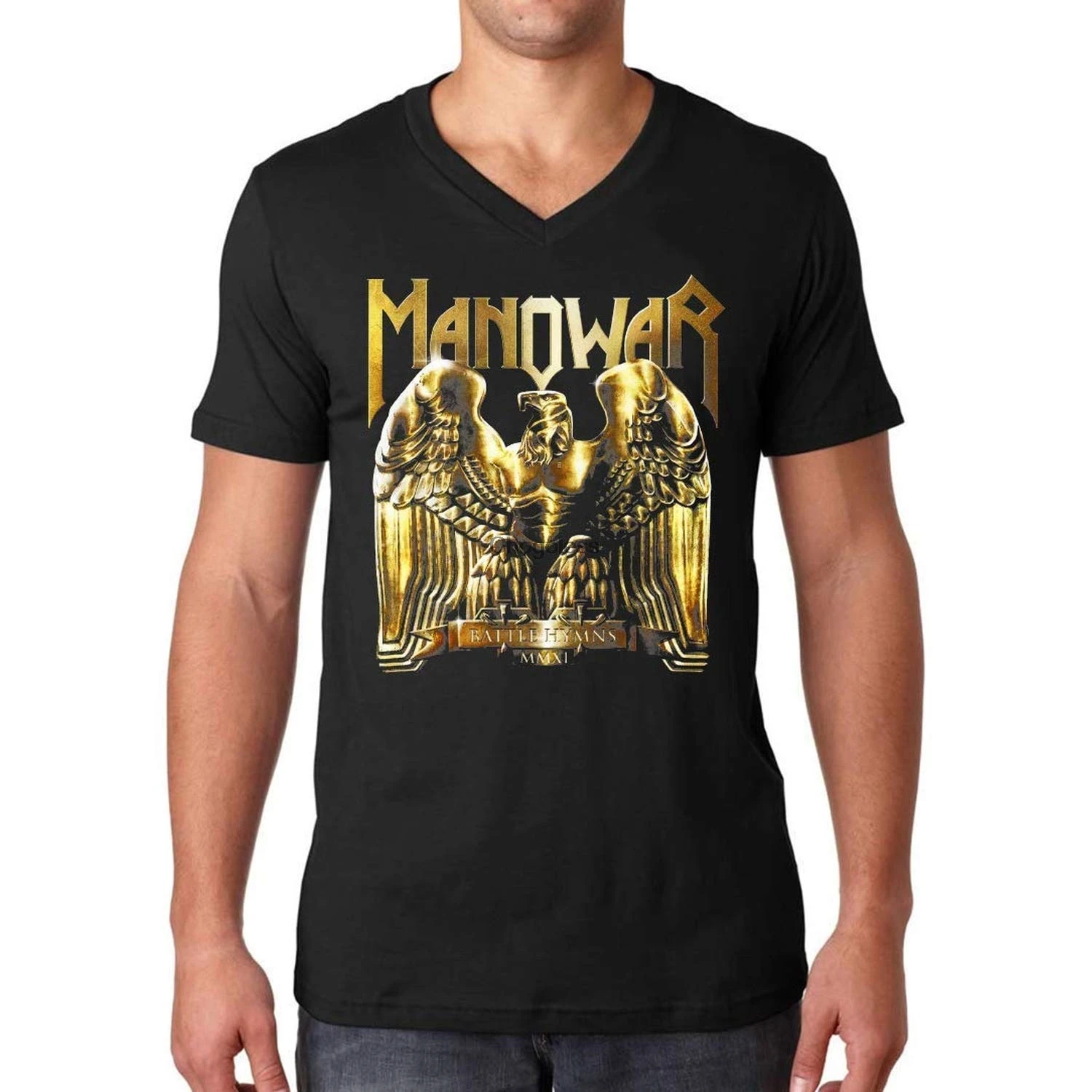 Мужская футболка с V-образным вырезом логотипом боевые гимны MMXI Manowar Band 08 Rock N ROLL