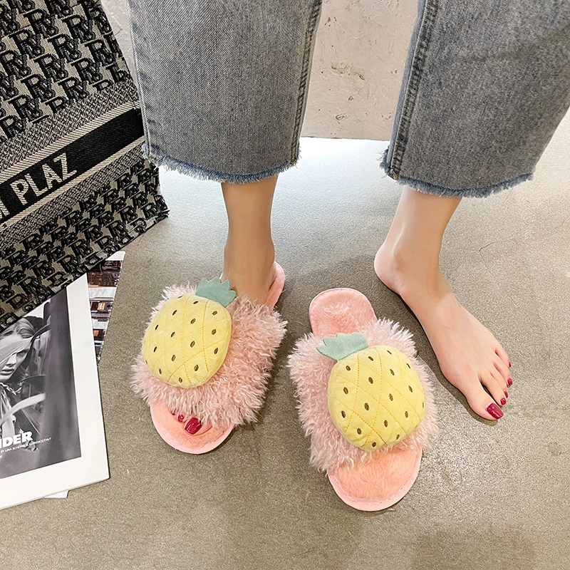 2021 Fashion New Plush Slippers Female Autumn and Winter Cute Home Non-slip Cotton Mopping Thick Bottom Hairy Mopping Flip Flops