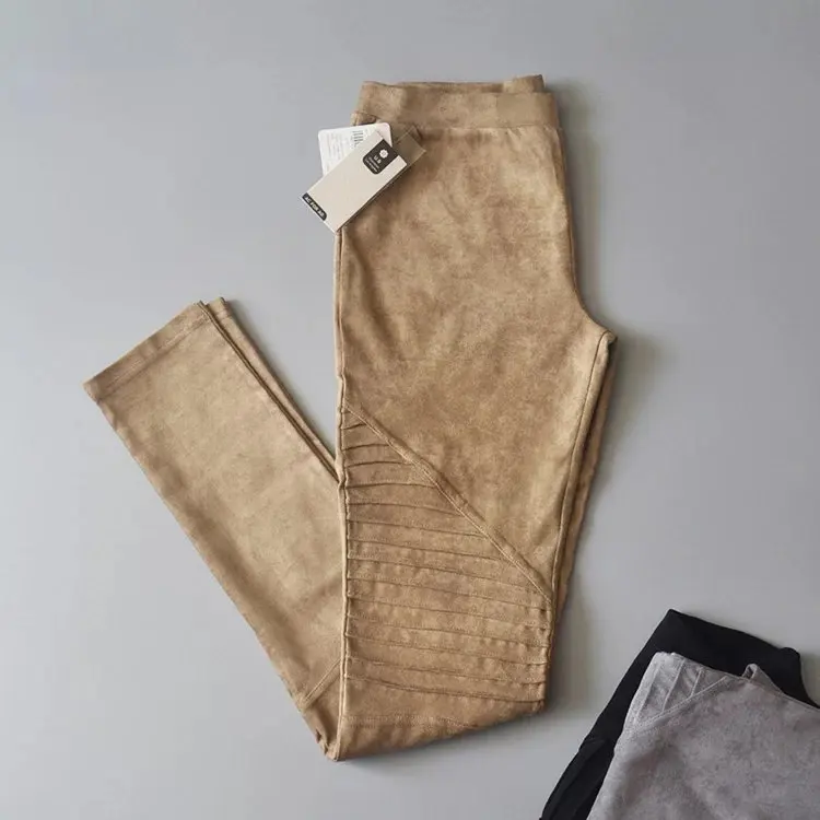 

MSXU European and American Style Elegant Vintage Folds Locomotive Wind Stretch Suede Leggings Slim Pencil Women Pants Trousers