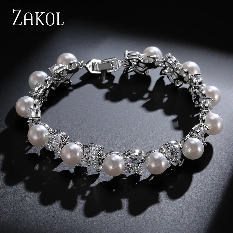 ZAKOL модные браслеты и браслеты с искусственным жемчугом и цирконием для женщин, свадебное платье FSBP127