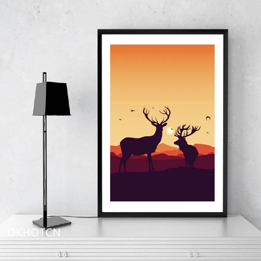 Скандинавский мультяшный пейзаж с оленем холст картина современное животное
