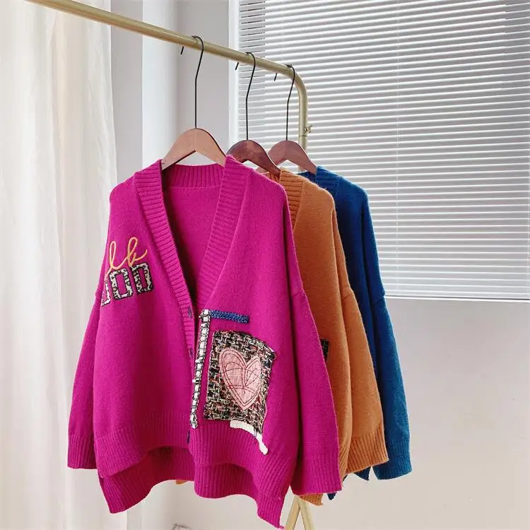 

is lazy wind patch embroidered sweater coat female 2021 new han edition relaxed joker knitting cardigan jacket, 2032