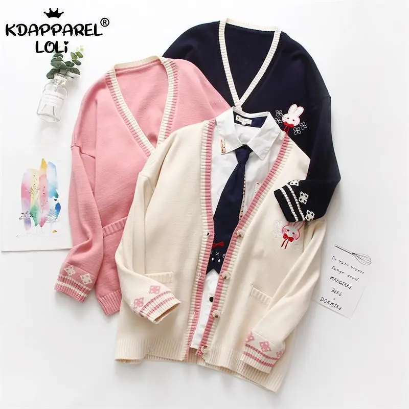 Милый кардиган для девочек с вышивкой кролика Свободный вязаный свитер