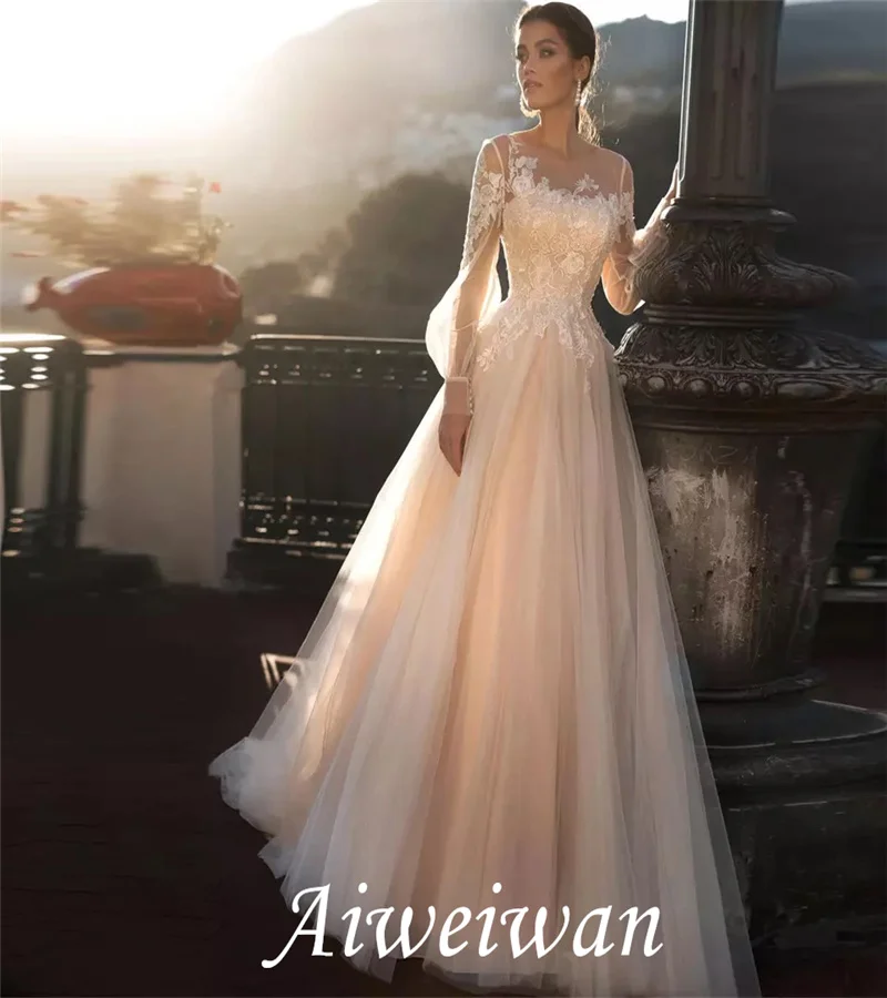 

A-Line Jewel Neck Sweep/Brush Train Lace Tulle Long Sleeve Sexy Wedding Dress in Color See-Through with Embroidery Appliques2021