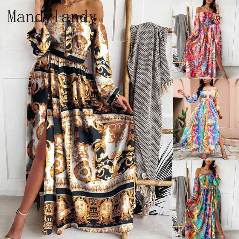 

Mandylandy Women's Sexy Print Loose Long Dress Ladies Elegant Long Lantern Sleeve Off Shoulder High Slit Dress