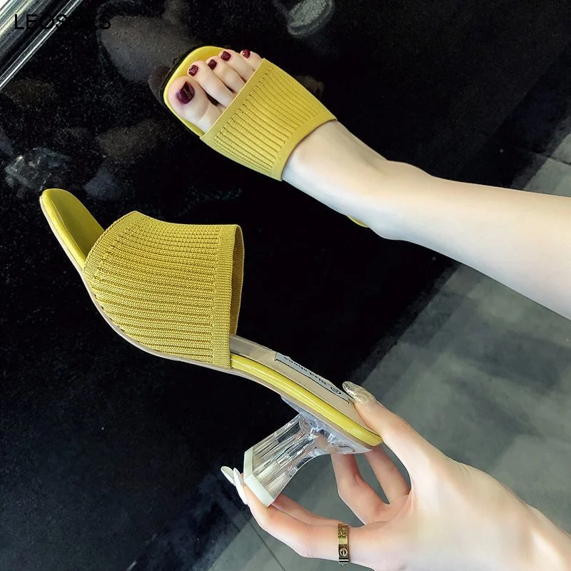 

Knitted Slippers Women's Summer 2021 New Fashion Thick High Heel 6-8CM Crystal Open Toe Sandals