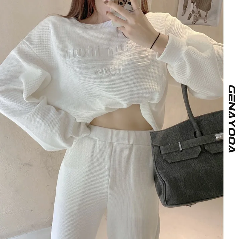 

Genayooa Casual Two Piece Set Top And Pants Women Tracksuit Letter Streetwear Autumn Winter Hoodies Two Piece Set Korean Fashion