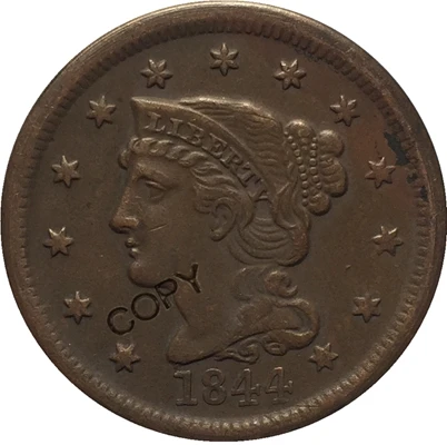 1844 США 1839-1857 Заплетенные волосы большой цент копии монет - Цвет: 1844
