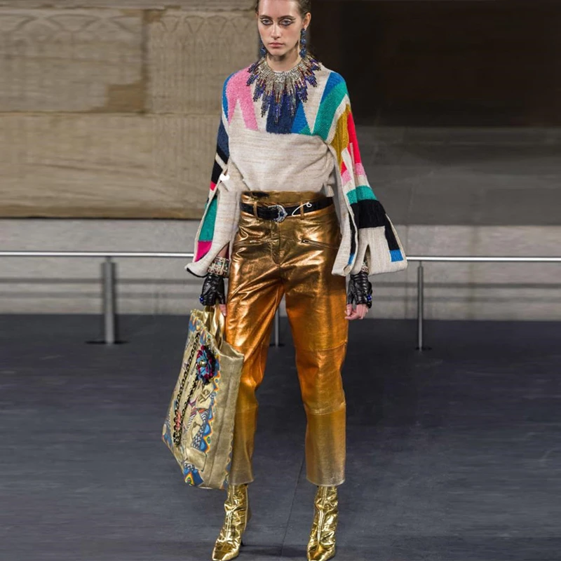 2019 Runway Brand Designer Women Long Sleeve Geometric Patchwork Knitted Sweater autumn Oversized Split Flare Pullover | Женская одежда