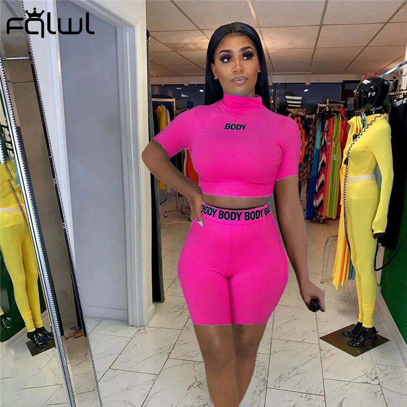 FQLWL лето черного цвета с буквенным принтом Bodycon 2 шт. комплекты из двух предметов