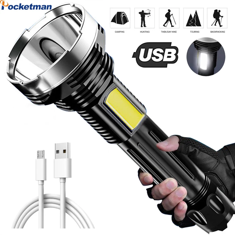 Яркий светодиодный + COB фонарик 4 режима водонепроницаемый перезаряжаемый USB