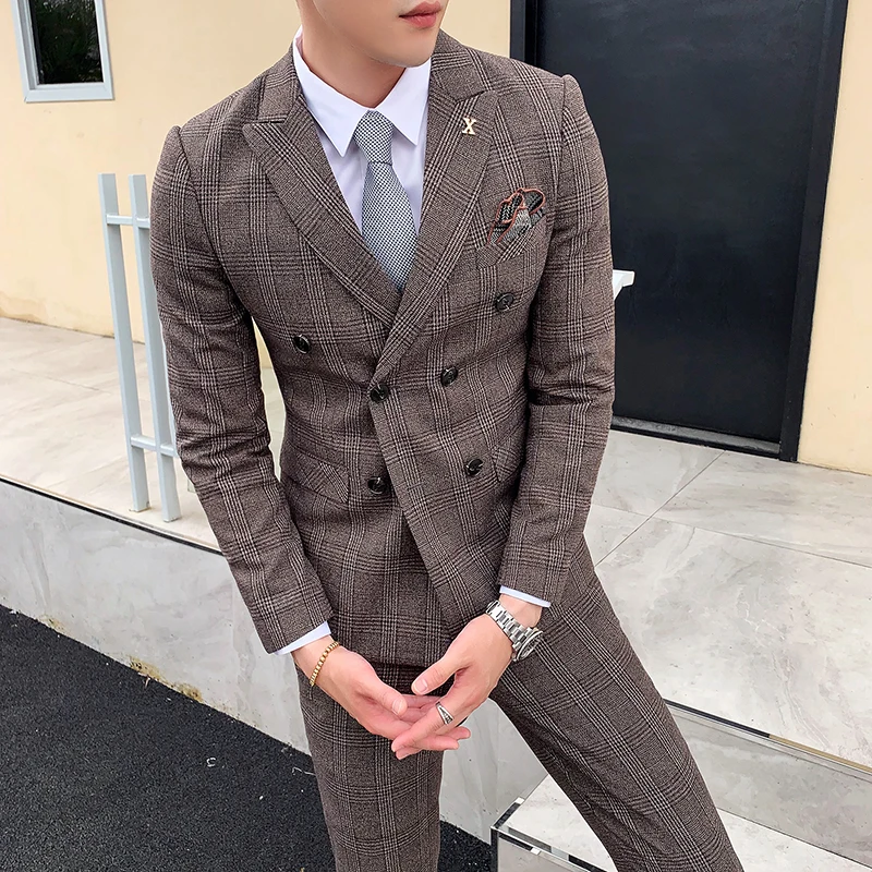 

New Mens High-end Brand Groom Wedding Dress Plaid Suit Brown Grey Male Formal Business Casual Suit 2 Piece Set Double breasted