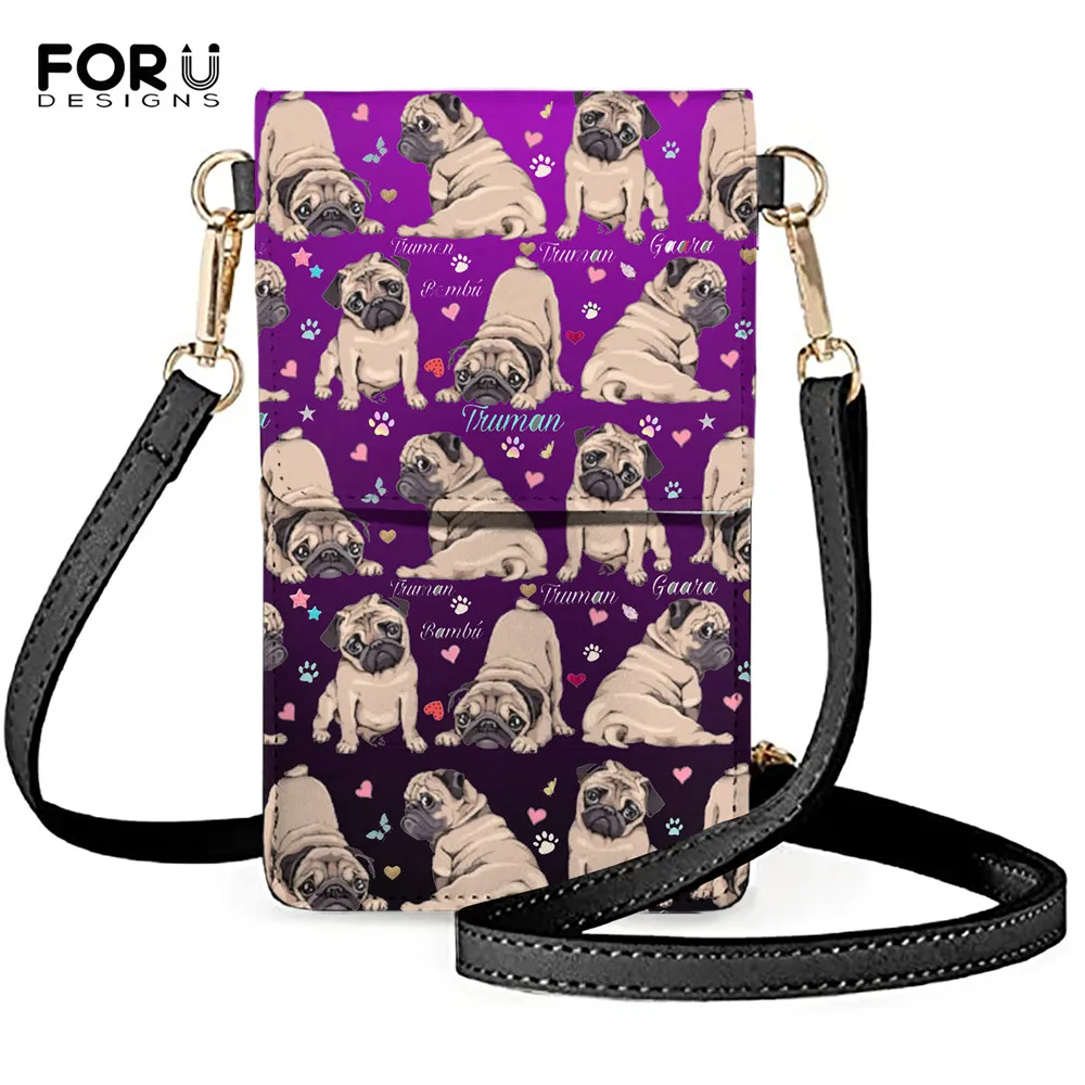 

FORUDESIGNS Luxury Ladies Leather Shoulder Bag Purse Gradient Cute Pug Print Womans Touchscreen Pocket Mobile Phone Pouch Bolsas