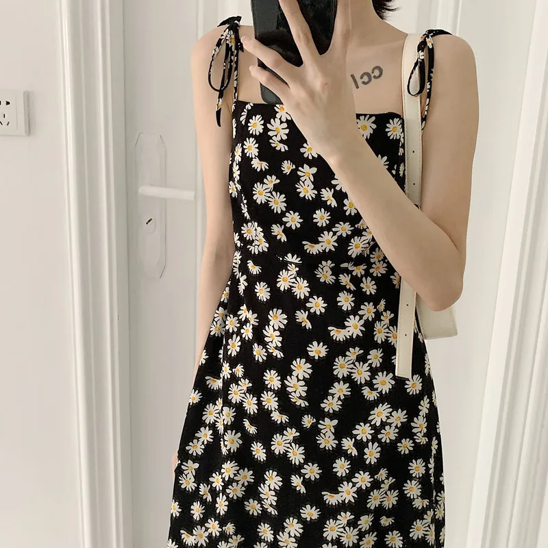 

Summer Floral Dress Women Korean Fashion Black Cute Slip Dress Cottagecore Sweet Beach Holiday Sundress Chic Harajuku Streetwear