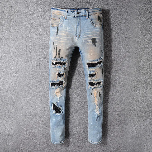 Jeans Brand Men''s Blue Skinny Distressed Jeans Men Slim Zipper Design Biker Jeans Ripped Men Stretch Denim Jeans Size 28-40