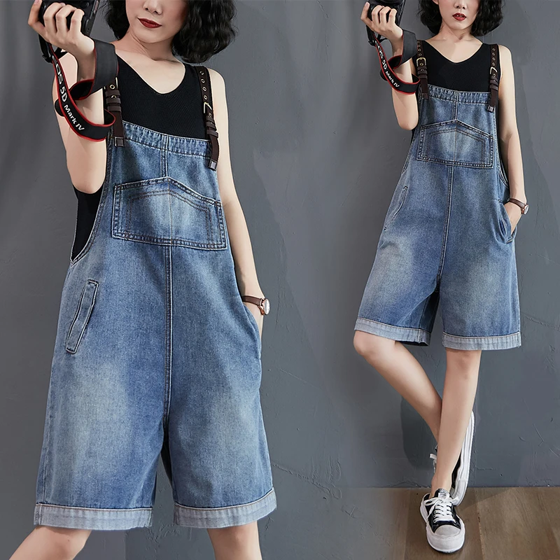 

Women's Shorts Reduction Of Age Denim Overalls Female 2022 Summer New Tall Waist Show Thin Straps Jumpsuits wide-legged Pants