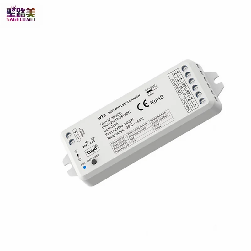 

WT1 2CH led wifi controller DC12-36V 24V Tuya APP cloud Voice wireless control For 2 channels single color or cct led strip tape