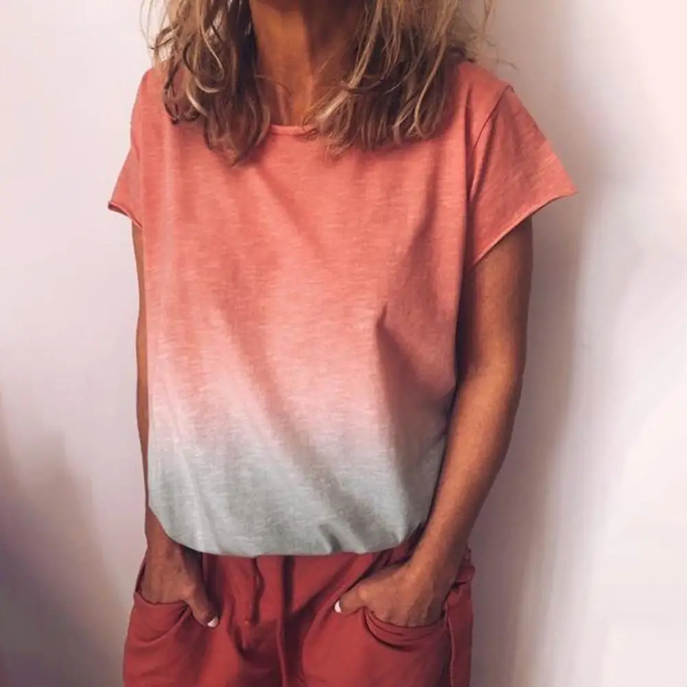 Женские рубашки градиент Цвет с коротким рукавом блуза Топ 2021 Летние