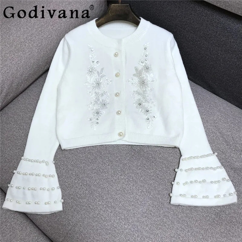 

Embroidery Beaded Diamond Cardigan Women White Bell Sleeve Short Knitted Sweater Coat Female Single Breasted Thickened Jumper