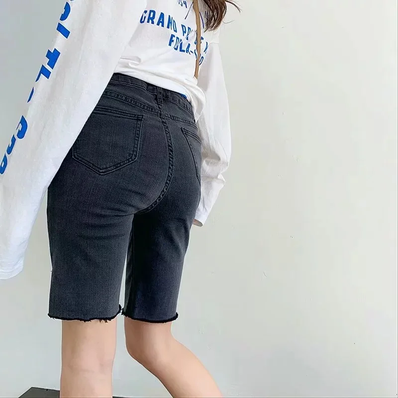 High Waist Slim Denim Shorts Women Tight Knee Length Stretch Short Jeans Pants Summer Streetwear Skinny Cycling Bermuda Pockets