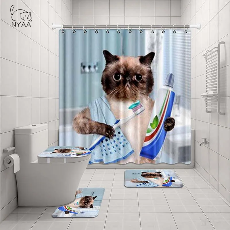 NYAA 4 шт. Британский короткошерстный кошачий душ занавеска пьедестал ковер крышка туалет коврик для ванной коврик набор для декора ванной комнаты - Цвет: NY5171