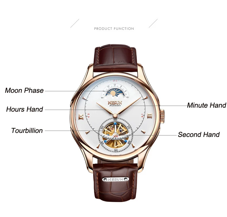 Nesun Tourbillion автоматические механические мужские часы с скелетом, роскошные Брендовые мужские часы, водонепроницаемые мужские часы, N9038-4