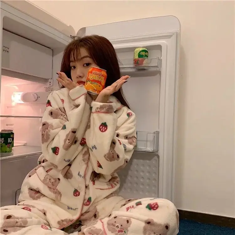 Cute Coral Velvet Pajamas Female Students Ins Autumn and Winter New Thickened Plus Velvet Outer Wear Home Wear Two Pajamas Set