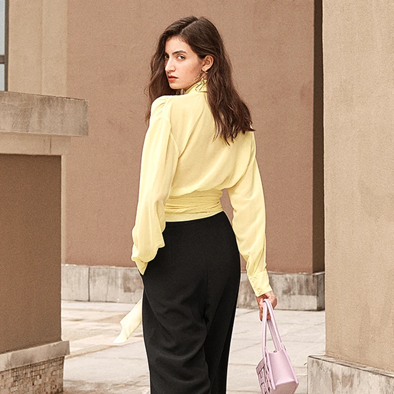 

SISPELL Lace Up Bowknot For Female Blouse Shirt Stand Collar Long Sleeve Ruched Women's Vintage Shirt Fashion Autum Tide 2020