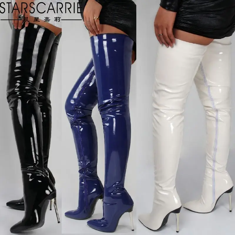 

34-43 Large Size Patent Leather Thigh High Boots 11 cm High Heel Pointed Toe Over The Knee Boots In Stock And Fast Belivery