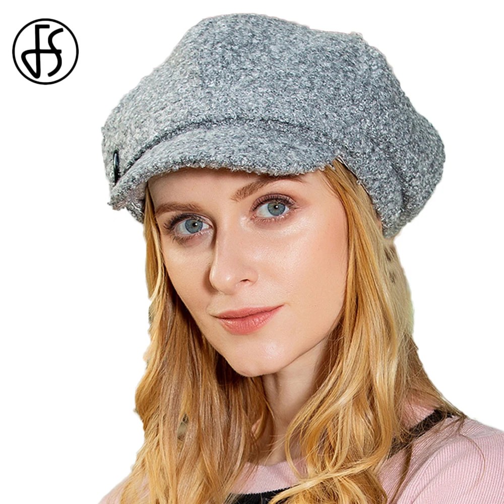 

FS 2021 Winter Autumn Wool Felt Gray Women Newsboy Gatsby Cap Octagonal Hats Beret Korean Style Ladies Peaked Hat Painter Caps