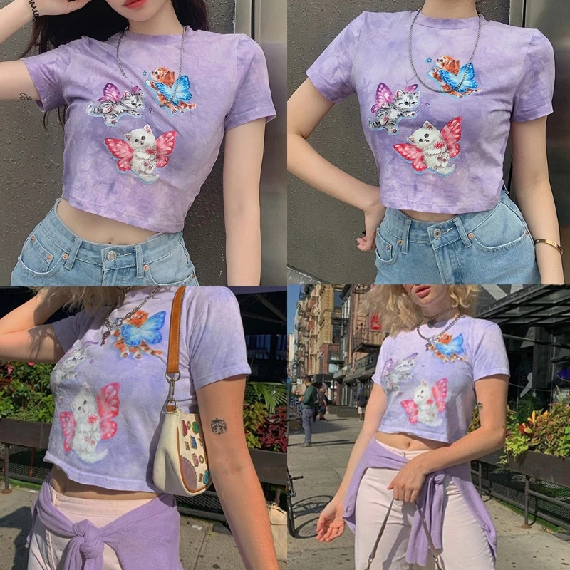 

Women Summer Short Sleeve O-Neck T-Shirt Harajuku Tie-Dye Cute Angel Butterfly Cat Printed Crop Top Slim Fit Casual Pullover