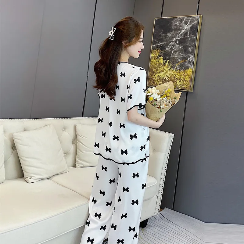 Ice Silk Pajamas Women's Summer Sexy Sleepwear Short Sleeve Pants Printed Two-piece Bow Thin Home Wear Female Nightwear