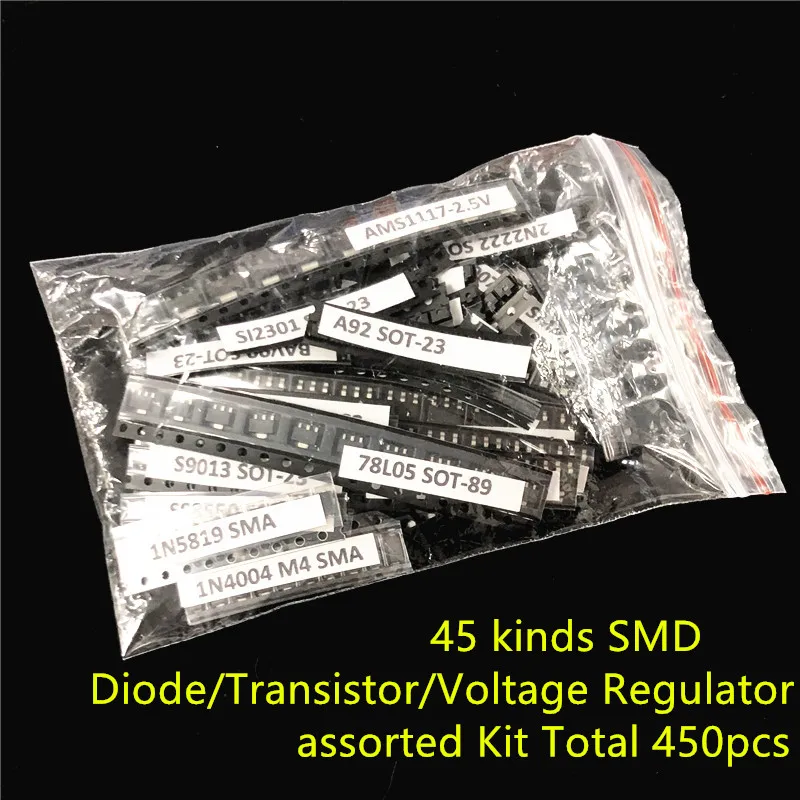 45 tipos de Transistor de diodo SMD de uso común, regulador de voltaje, Total de 450 Uds., Kit surtido de componentes electrónicos mezclados
