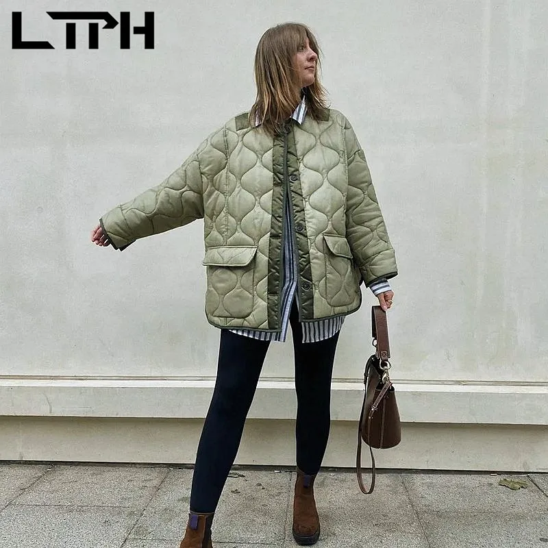 LTPH vintage women parkas green quilted jacket light thin warm large pockets oversized loose mid-length coats 2021 autumn new