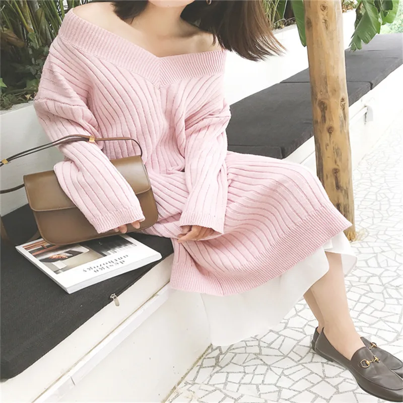 

Mazefeng Brand 2020 Autumn Winter Women Mid-Calf Knitting Straight Dress V-Neck Korean Style Elegant Solid Casual Women Dress