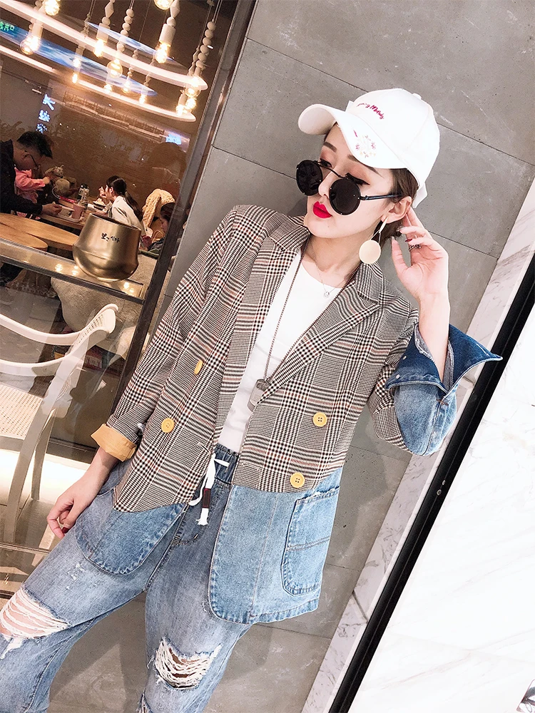 

autumn Casual splice suit Women's Blazer Suits double-breasted checked suit jacket women blazer feminino jacket plaid blazer