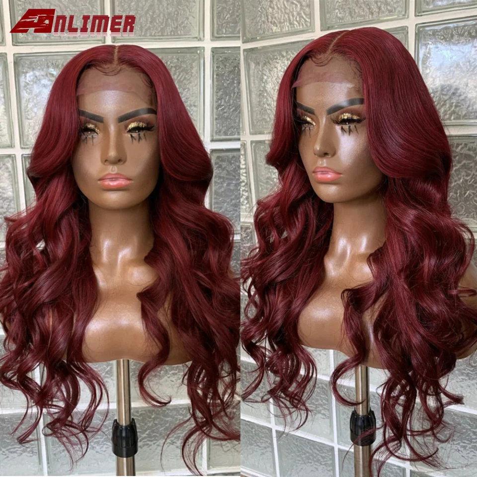 Бордовый парик из человеческих волос с волнистыми T образными частями на