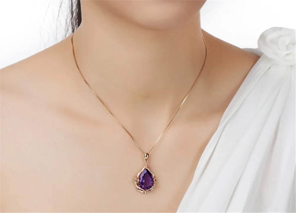 

14K ROSE GOLD AMETHYST CRYSTAL PENDANT NECKLACE FOR WOMEN GIRLS PURPLE GEMSTONES LUXURY JEWELRY ZIRCON DIAMONDS BIRTHDAY GIFTS