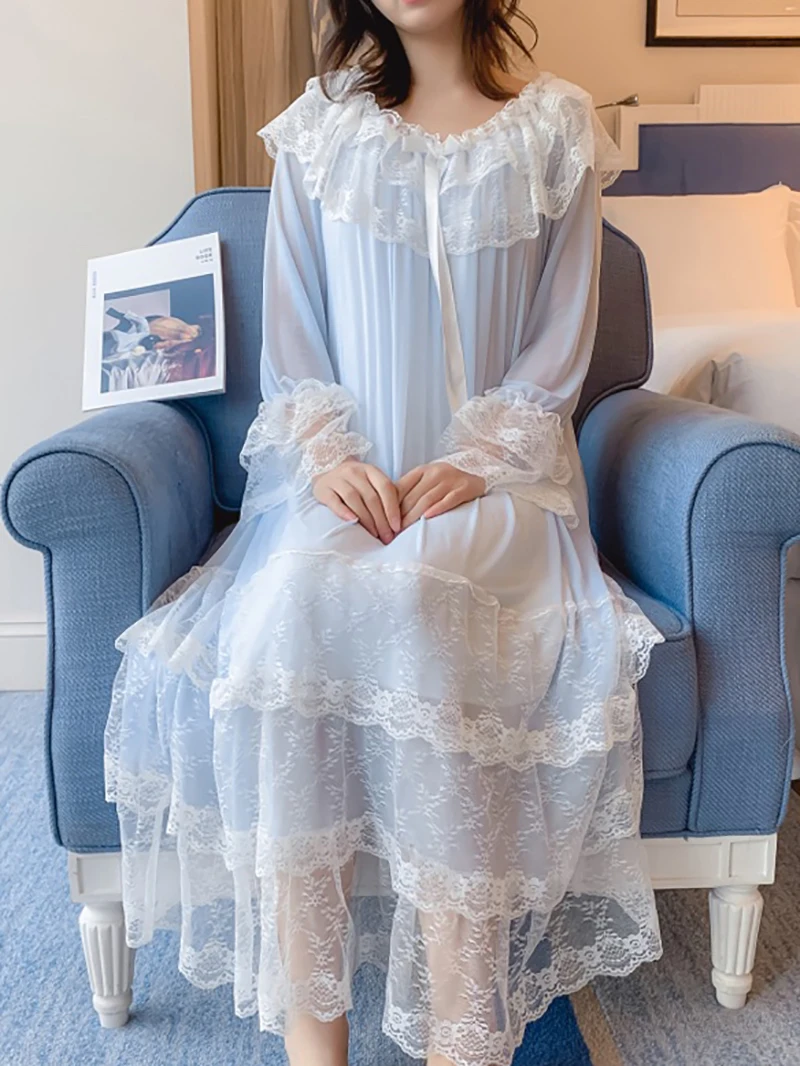 

Women Lolita Nightdress Princess Sleepwear Multilayer Fairy Lace Mesh Patchwork Vintage Victorian Korean Nightgowns Lounge Wear