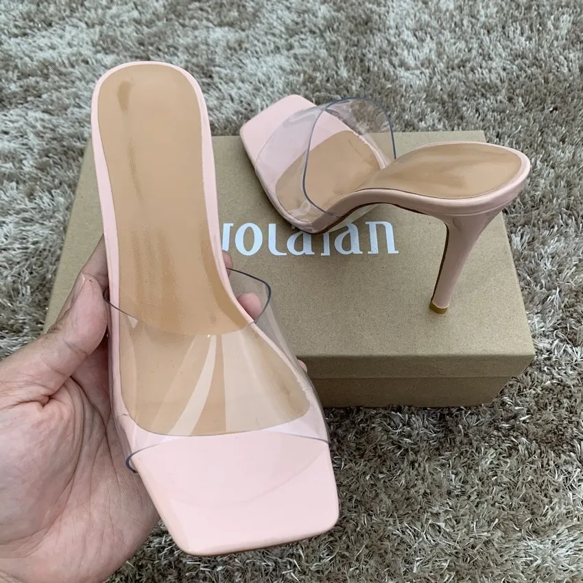 

2021 Summer Pumps Woman PVC Slippers Sandals Shoes Women Thin High Heels Square Toe Sandal Lady Pump Shoe Mules Chaussure