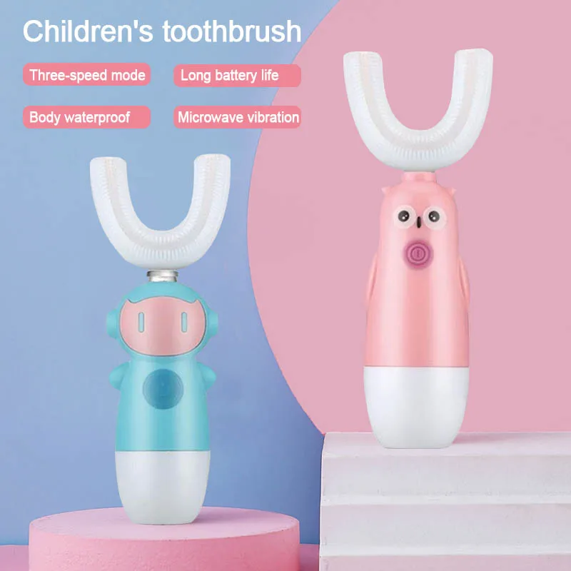 

Children's Electric Toothbrush 2-6-12 Years Old Children Battery U-Shaped Silicone Brush Head Smart Sonic Vibrating Toothbrush