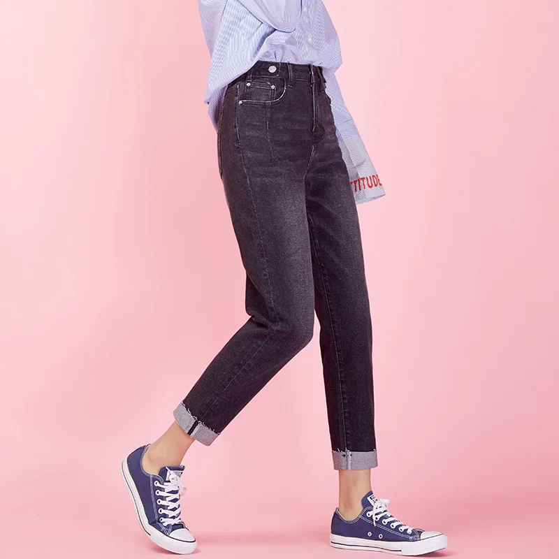 LEIJIJEANS, новинка, большой размер, женские черные шаровары с высокой талией, брюки с манжетами, крутые, крутые, модные, женские джинсы, 9028 - Цвет: black 9028