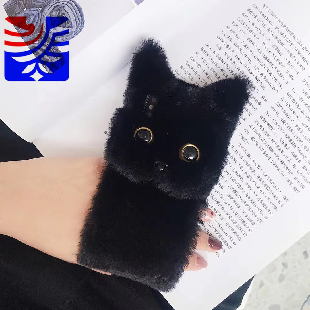 Black cat PEIPENG 3D милый животный плюшевый собачий Пушистый Теплый Меховой чехол для телефона для iPhone 7 Plus силиконовый чехол для iPhone X XS Mas 8 7 6 6s Plus XR - Цвет: Black cat