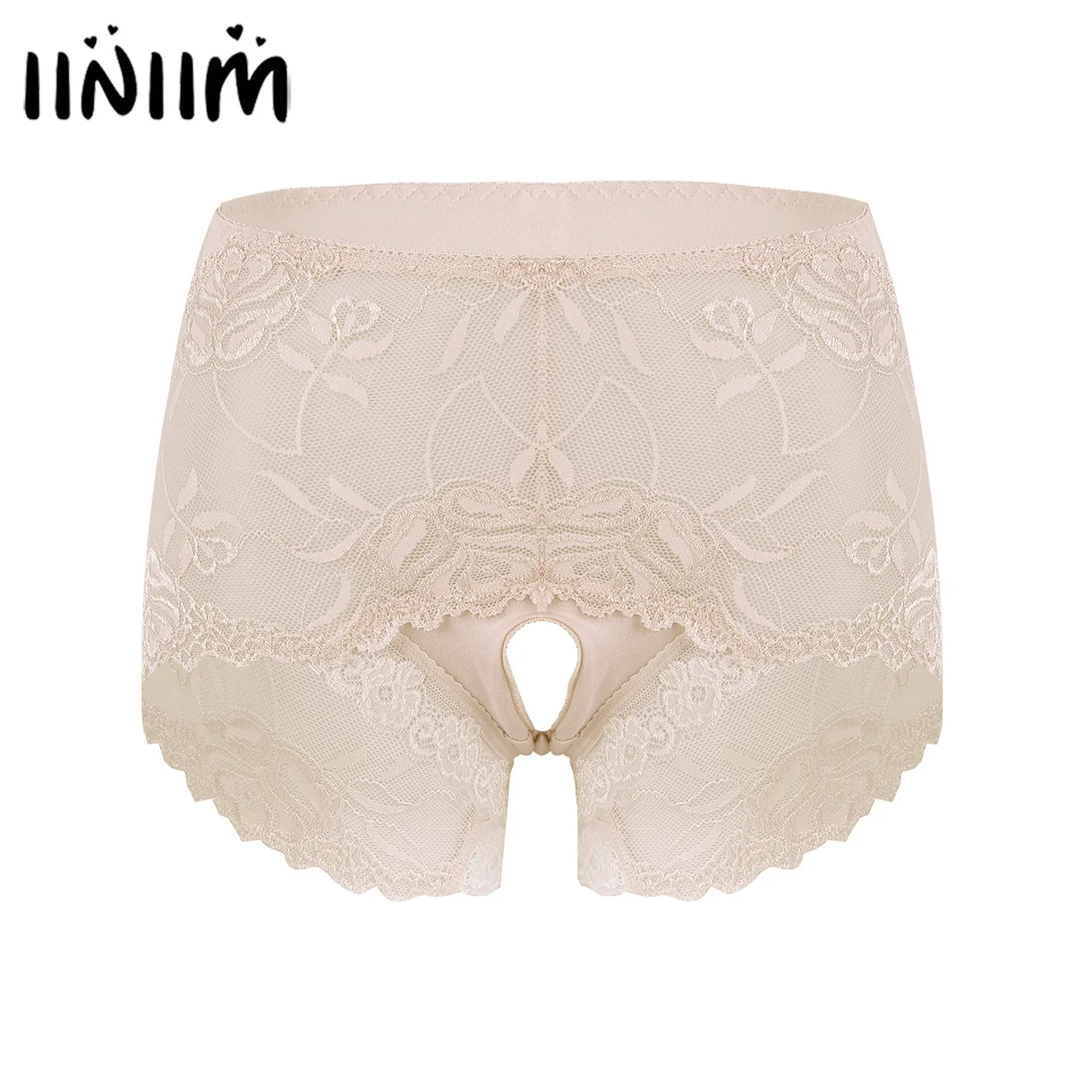 

iiniim Womens Female See-through Lace Patchwork Lingerie Panties Mid Waist Open Crotch Crotchless Briefs Sissy Underwear Bottoms