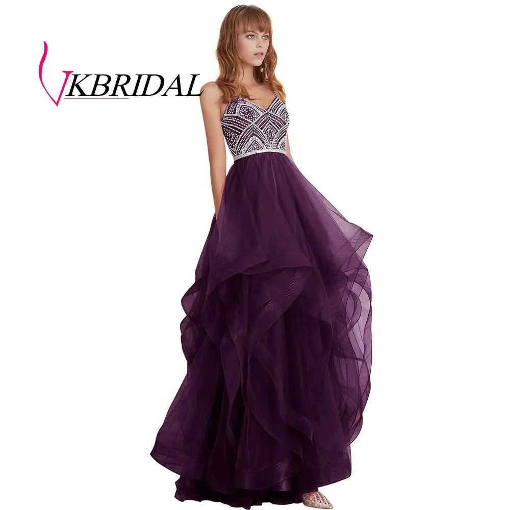 VKBRIDAL красные многоуровневые тюлевые платья для выпускного вечера новые Бальные платья с бисером и кристаллами официальное длинное вечернее платье - Цвет: grape