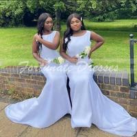 sleeveless white mermaid bridesmaid dresses with sweep train african black girls women maid of honor dress wedding party gown