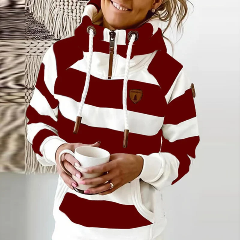 

Autumn Winter Stripe Print Hoodie Sweatshirt Women Patchwork Drawstring Pullover Tops New Long Sleeve Pocket Harajuku Sweatshirt