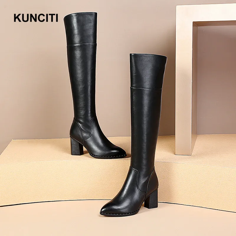 KUNCITI/; сапоги до колена; женские пикантные сапоги; большие размеры 34-42; черные сапоги из натуральной кожи; зимняя теплая обувь высокого качества; B921